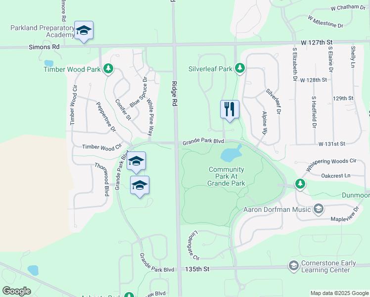 map of restaurants, bars, coffee shops, grocery stores, and more near South Ridge Road in Plainfield