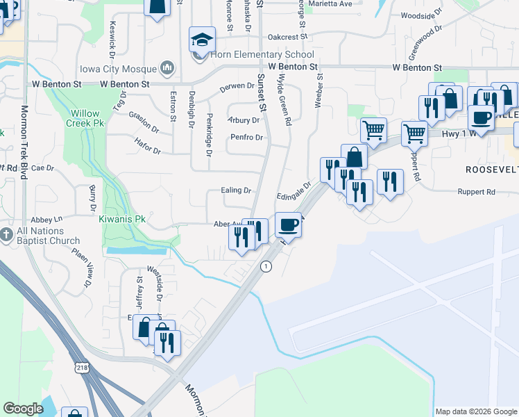 map of restaurants, bars, coffee shops, grocery stores, and more near 5 Ealing Drive in Iowa City
