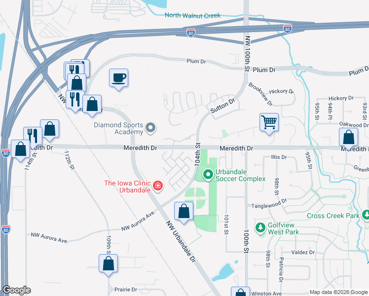 map of restaurants, bars, coffee shops, grocery stores, and more near 10601 Oakwood Drive in Urbandale