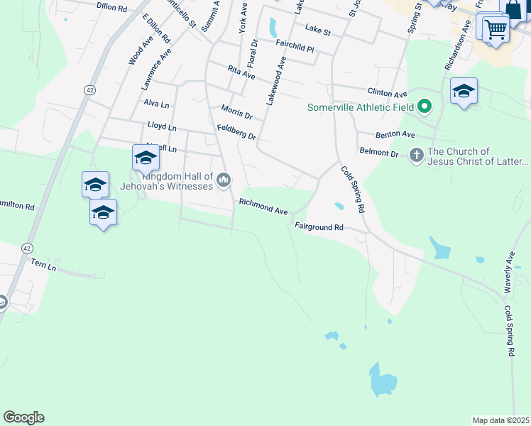 map of restaurants, bars, coffee shops, grocery stores, and more near 19 Richmond Avenue in Monticello