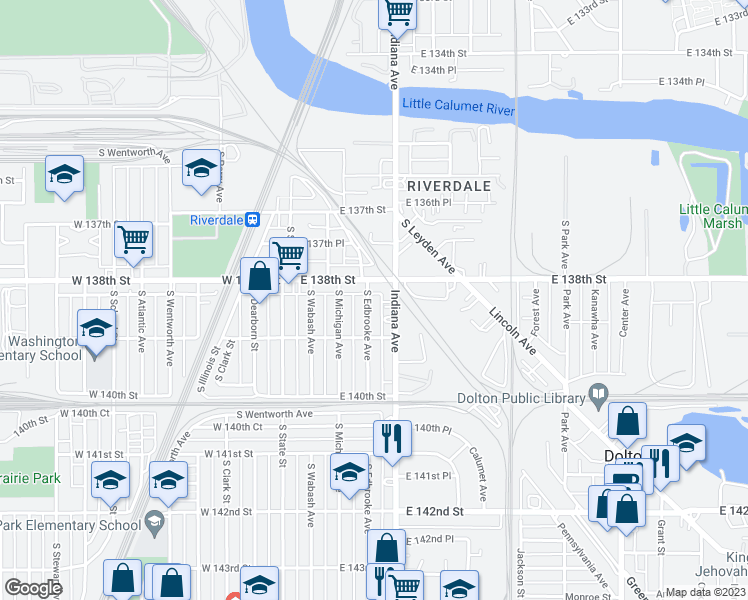 map of restaurants, bars, coffee shops, grocery stores, and more near 13815 South Edbrooke Avenue in Riverdale