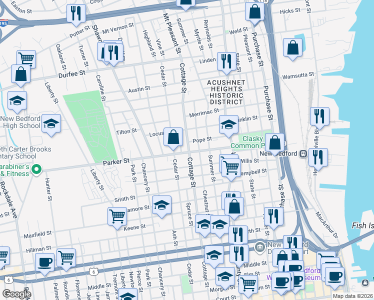 map of restaurants, bars, coffee shops, grocery stores, and more near 357 Pope Street in New Bedford