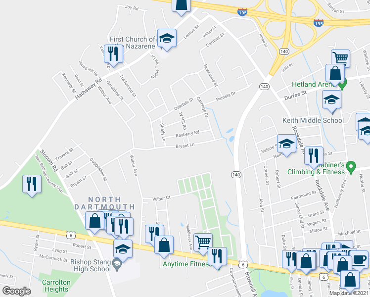 map of restaurants, bars, coffee shops, grocery stores, and more near 150 Bryant Lane in New Bedford