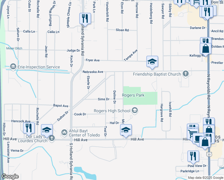 map of restaurants, bars, coffee shops, grocery stores, and more near 416 Teal Drive in Toledo