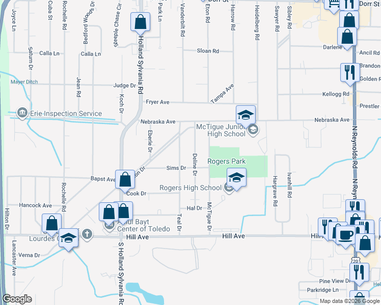 map of restaurants, bars, coffee shops, grocery stores, and more near 333 Deline Drive in Toledo