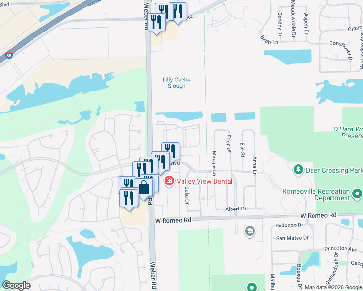 map of restaurants, bars, coffee shops, grocery stores, and more near 1254 Pullman Road in Romeoville