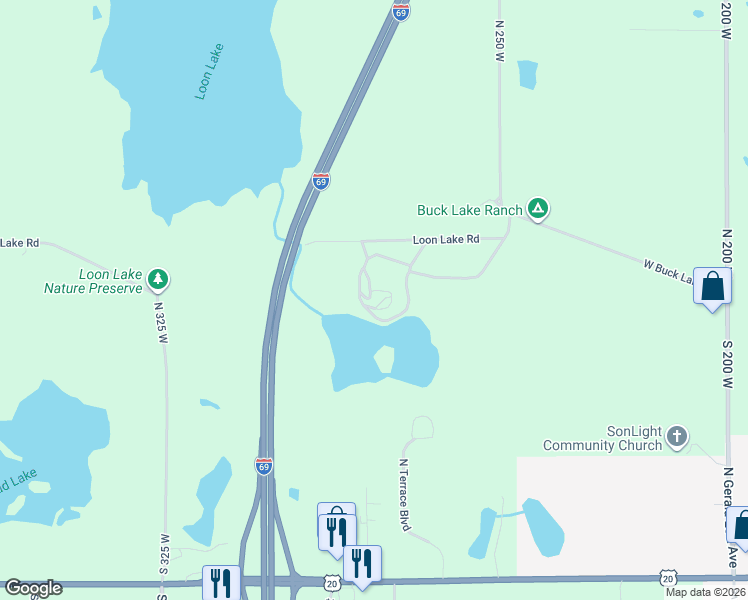 map of restaurants, bars, coffee shops, grocery stores, and more near 2777 West Buck Road in Angola