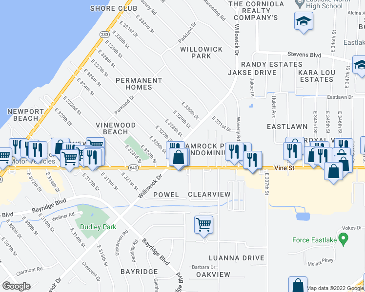 map of restaurants, bars, coffee shops, grocery stores, and more near 32716 Willowick Drive in Willowick