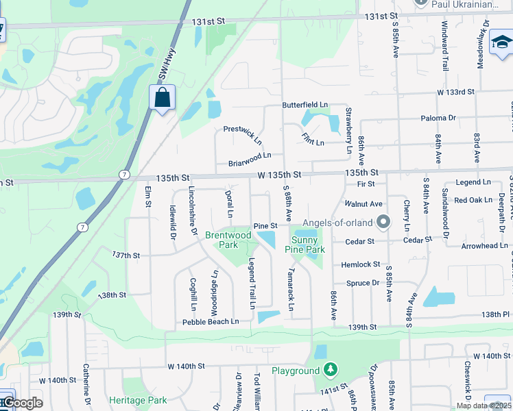 map of restaurants, bars, coffee shops, grocery stores, and more near 13530 Carefree Avenue in Orland Park