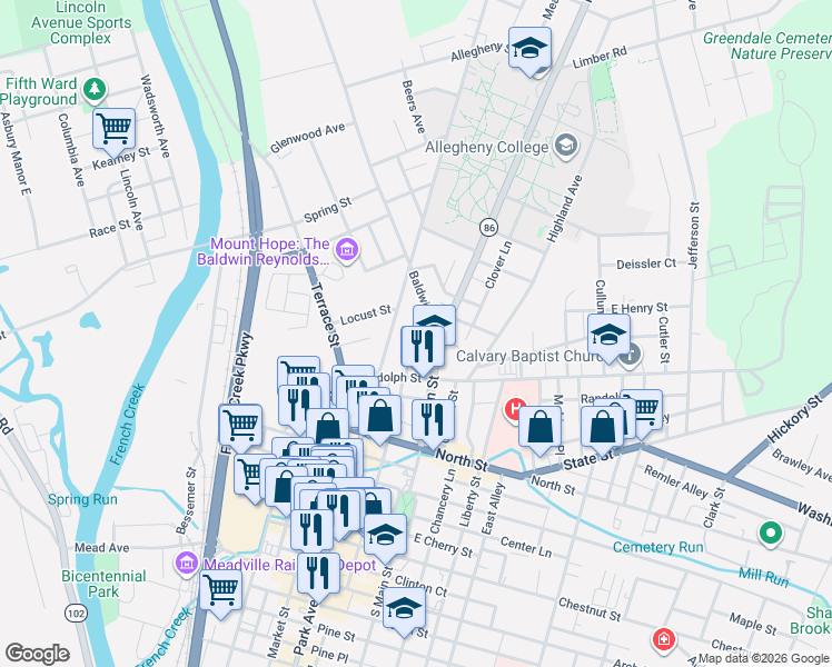 map of restaurants, bars, coffee shops, grocery stores, and more near 345 Addle Alley in Meadville