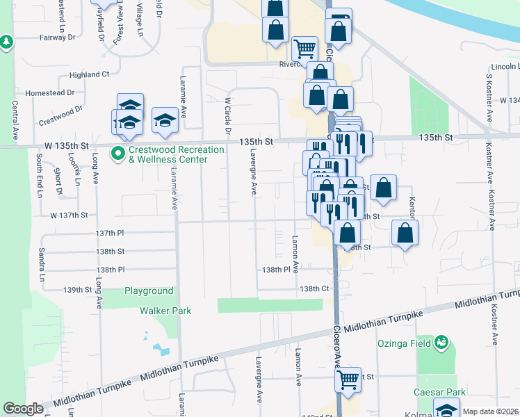 map of restaurants, bars, coffee shops, grocery stores, and more near 13619 Lavergne Avenue in Crestwood