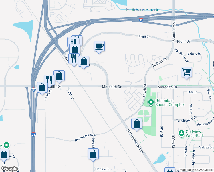 map of restaurants, bars, coffee shops, grocery stores, and more near 4860 Northwest Urbandale Drive in Urbandale