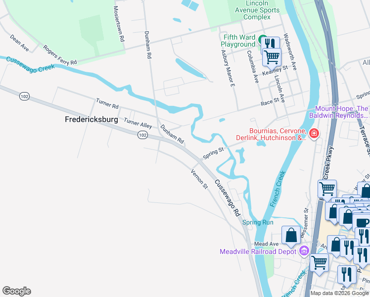 map of restaurants, bars, coffee shops, grocery stores, and more near 18159 Cussewago Rd in Meadville