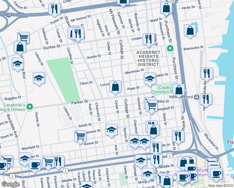 map of restaurants, bars, coffee shops, grocery stores, and more near 297R Cedar Street in New Bedford