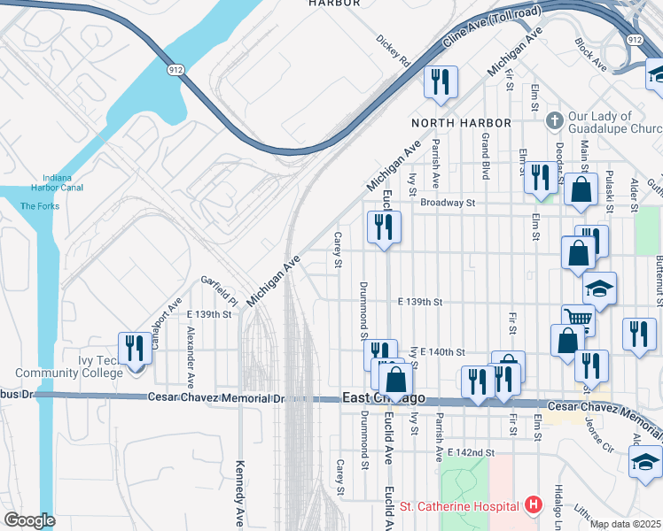 map of restaurants, bars, coffee shops, grocery stores, and more near 1119 E 138th St in East Chicago