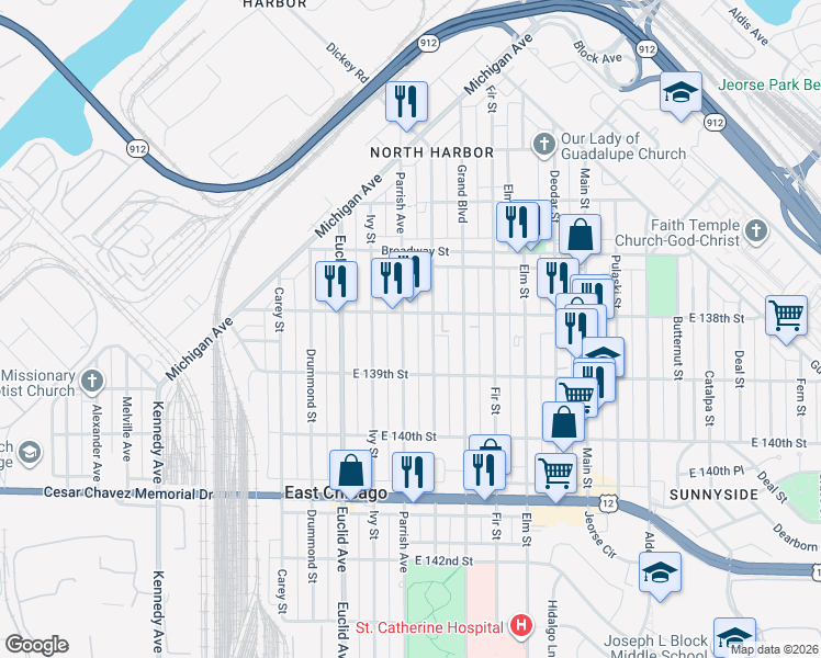 map of restaurants, bars, coffee shops, grocery stores, and more near 3736 Hemlock Street in East Chicago