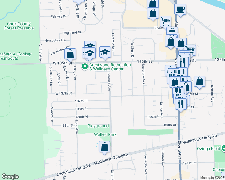 map of restaurants, bars, coffee shops, grocery stores, and more near 13625 Laramie Avenue in Crestwood