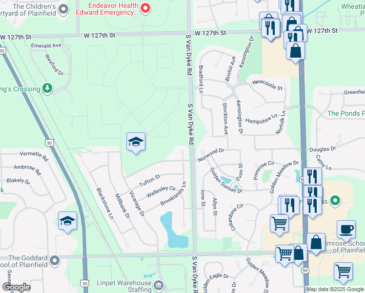 map of restaurants, bars, coffee shops, grocery stores, and more near 13113 Brooklands Lane in Plainfield