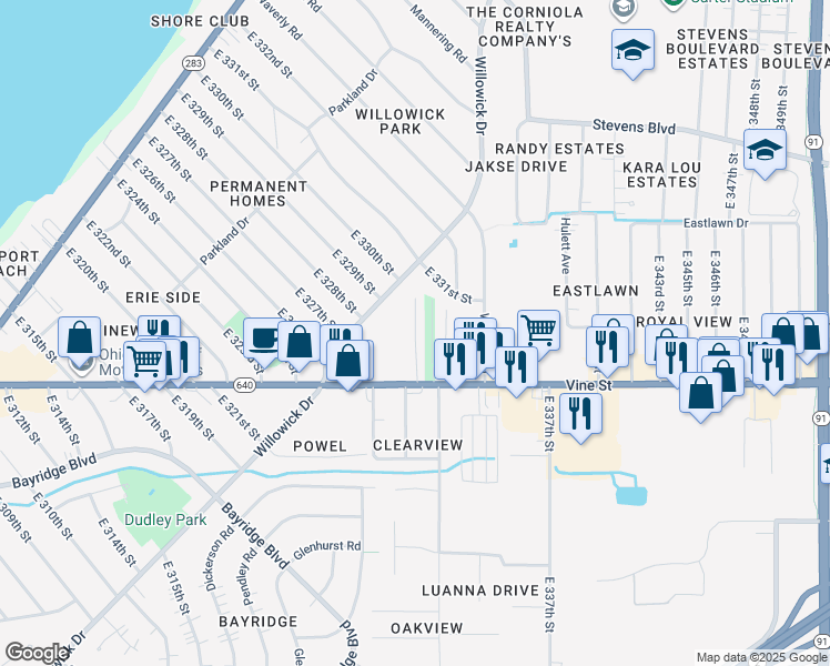 map of restaurants, bars, coffee shops, grocery stores, and more near 33001 Vine Street in Willowick