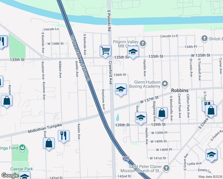 map of restaurants, bars, coffee shops, grocery stores, and more near South Crawford Avenue in Robbins