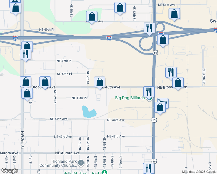 map of restaurants, bars, coffee shops, grocery stores, and more near 818 Northeast Broadway Avenue in Des Moines
