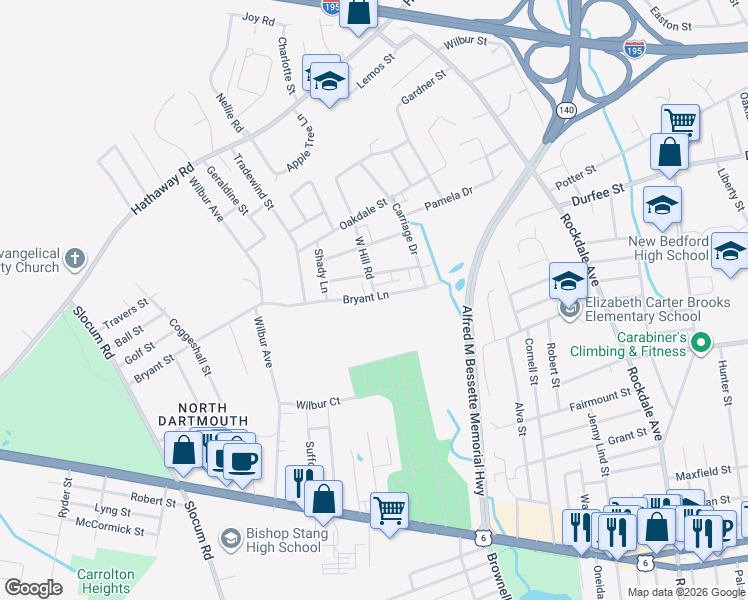map of restaurants, bars, coffee shops, grocery stores, and more near 156 Bryant Lane in New Bedford