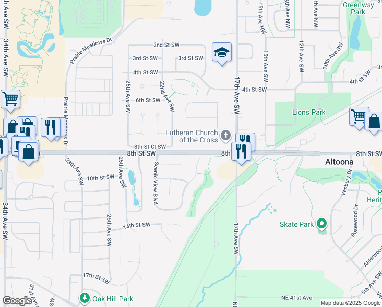 map of restaurants, bars, coffee shops, grocery stores, and more near 2162 8th Street Southwest in Altoona