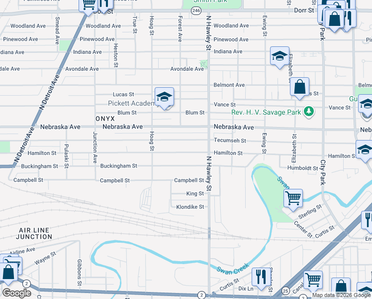 map of restaurants, bars, coffee shops, grocery stores, and more near 1054 Hamilton Street in Toledo