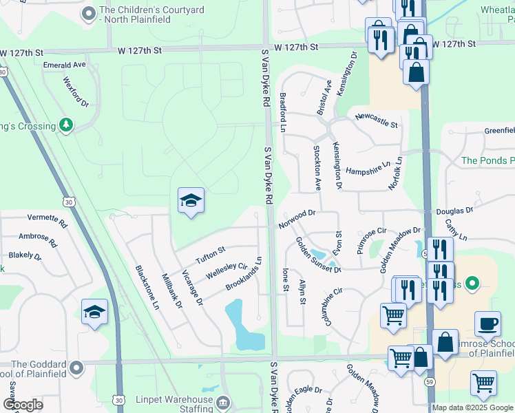 map of restaurants, bars, coffee shops, grocery stores, and more near 13113 Brooklands Lane in Plainfield