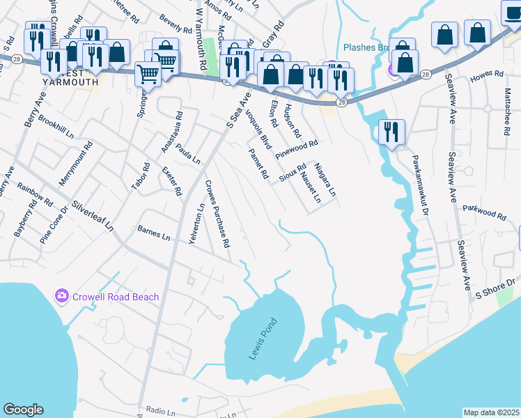 map of restaurants, bars, coffee shops, grocery stores, and more near 50 Nearmeadows Road in Yarmouth