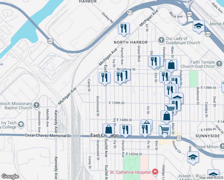 map of restaurants, bars, coffee shops, grocery stores, and more near 3735 Ivy Street in East Chicago