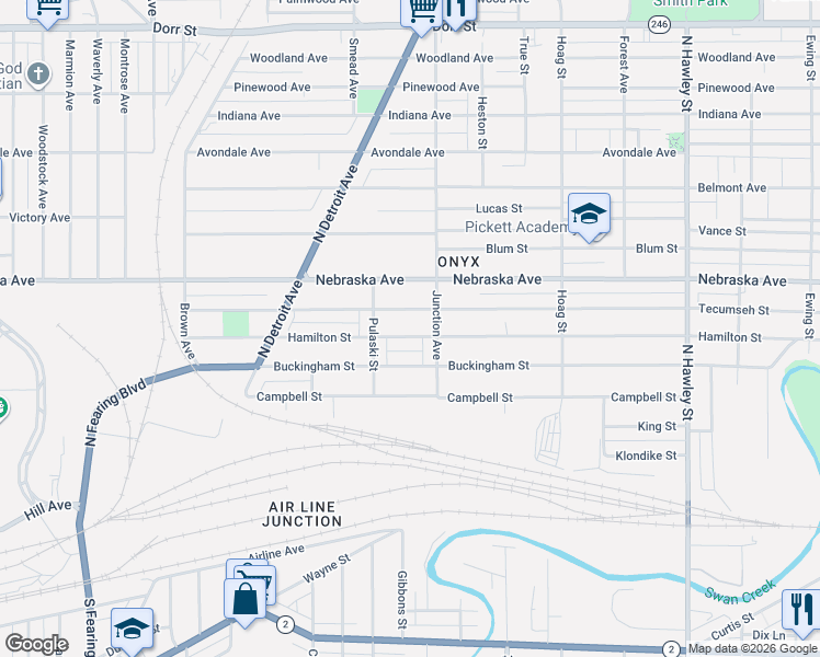 map of restaurants, bars, coffee shops, grocery stores, and more near 1437 Tecumseh Street in Toledo