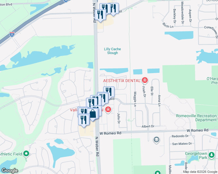 map of restaurants, bars, coffee shops, grocery stores, and more near 525 Fair Meadow Lane in Romeoville