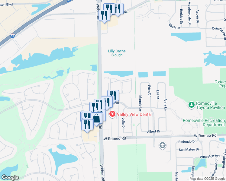 map of restaurants, bars, coffee shops, grocery stores, and more near 525 Fair Meadow Lane in Romeoville
