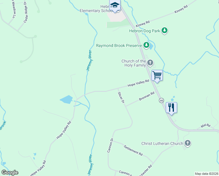 map of restaurants, bars, coffee shops, grocery stores, and more near 68 Hope Valley Road in Hebron