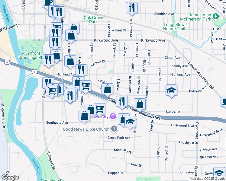 map of restaurants, bars, coffee shops, grocery stores, and more near 1421 Keokuk Street in Iowa City