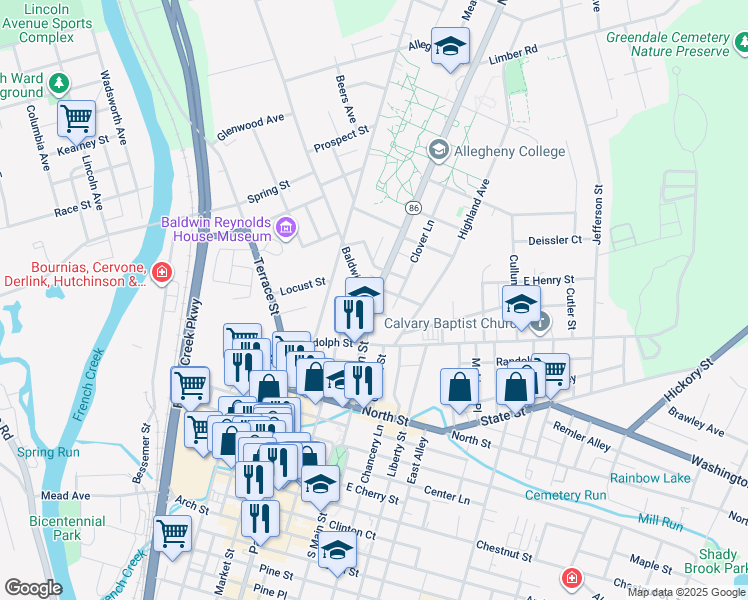 map of restaurants, bars, coffee shops, grocery stores, and more near in Meadville
