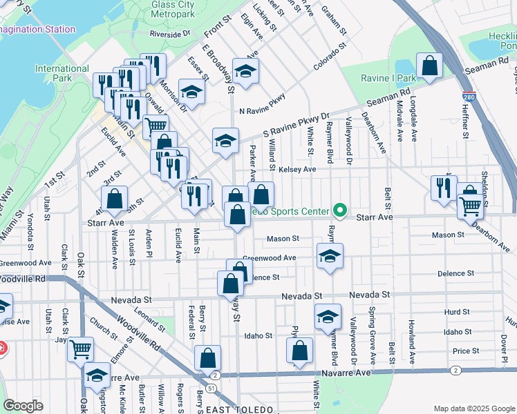 map of restaurants, bars, coffee shops, grocery stores, and more near 334 Willard Street in Toledo