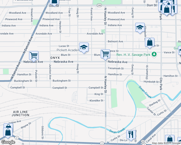 map of restaurants, bars, coffee shops, grocery stores, and more near 1055 Tecumseh Street in Toledo