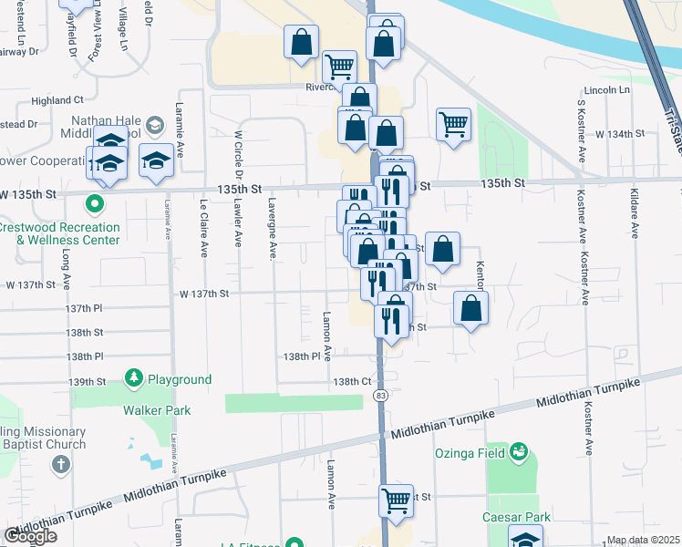 map of restaurants, bars, coffee shops, grocery stores, and more near 13635 Lamon Avenue in Crestwood