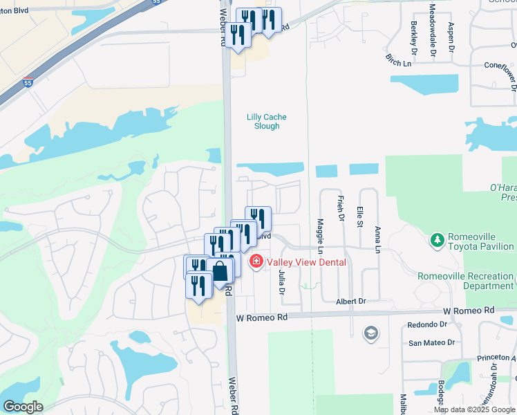 map of restaurants, bars, coffee shops, grocery stores, and more near 562 Fair Meadow Lane in Romeoville