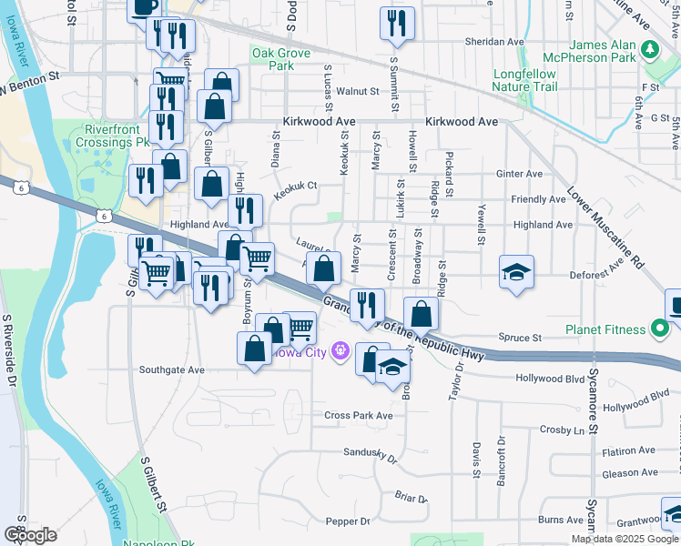 map of restaurants, bars, coffee shops, grocery stores, and more near 1421 Keokuk Street in Iowa City