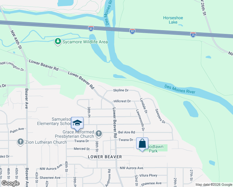 map of restaurants, bars, coffee shops, grocery stores, and more near 3507 Skyline Drive in Des Moines