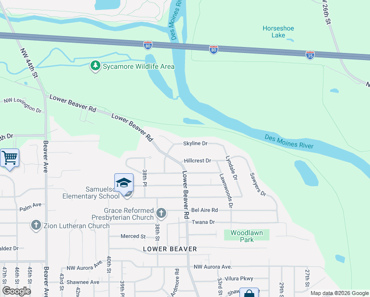 map of restaurants, bars, coffee shops, grocery stores, and more near 3507 Skyline Drive in Des Moines