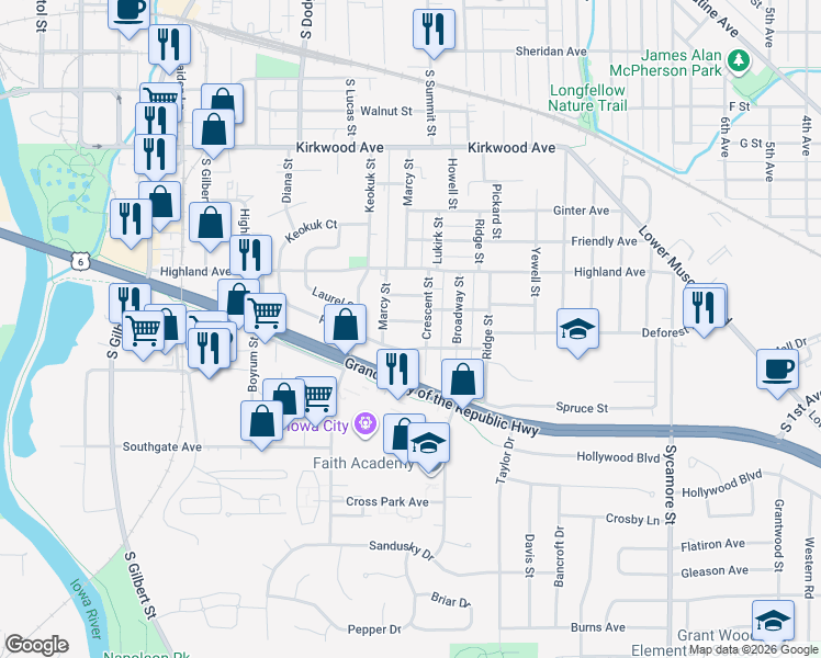map of restaurants, bars, coffee shops, grocery stores, and more near 914 Deforest Avenue in Iowa City