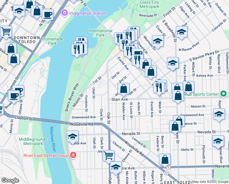 map of restaurants, bars, coffee shops, grocery stores, and more near 310 Steadman Street in Toledo