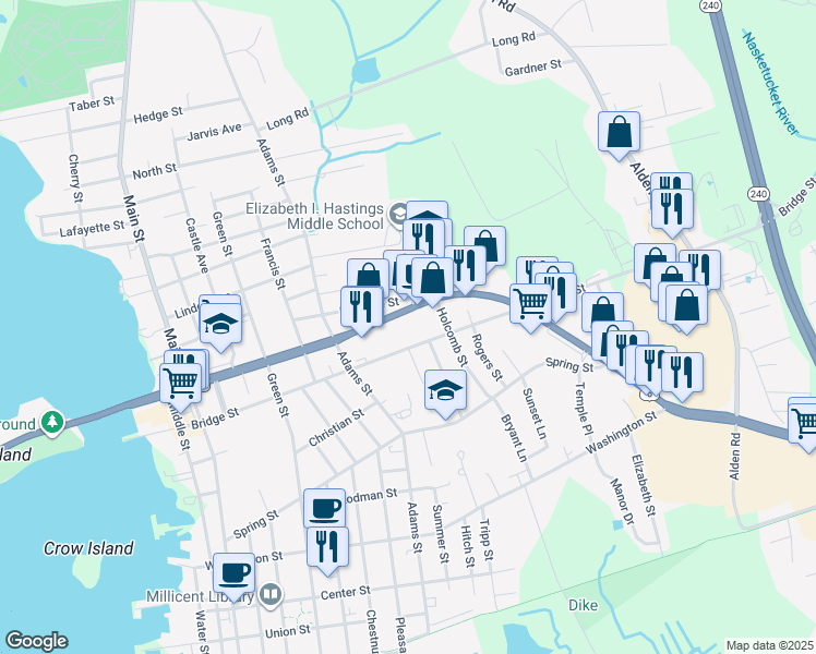 map of restaurants, bars, coffee shops, grocery stores, and more near 87 Huttleston Avenue in Fairhaven