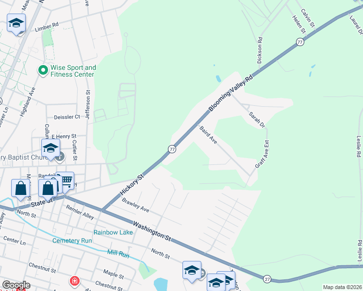 map of restaurants, bars, coffee shops, grocery stores, and more near 20443 Blooming Valley Road in Meadville
