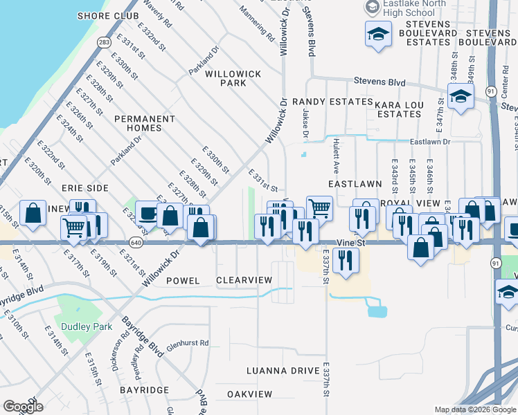 map of restaurants, bars, coffee shops, grocery stores, and more near 33145 Vine Street in Eastlake