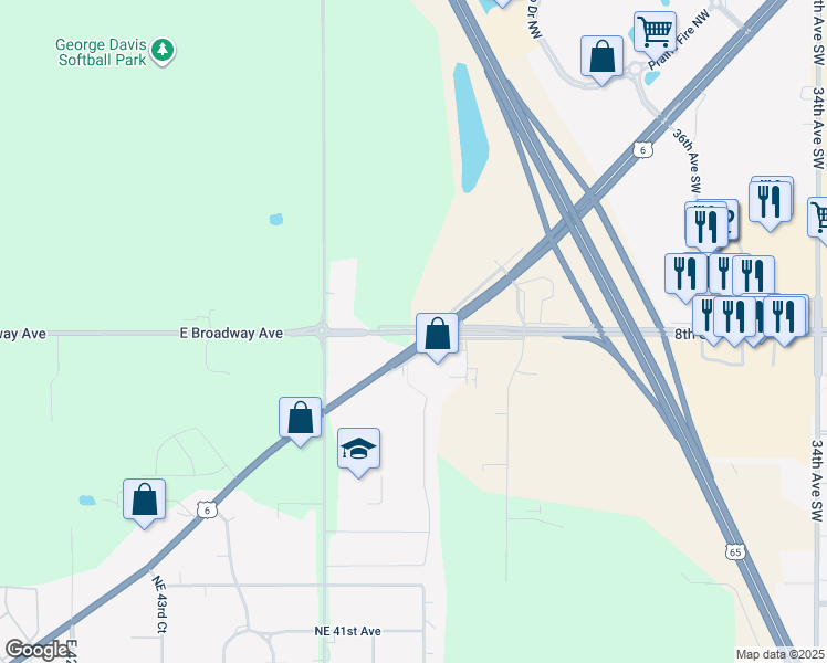 map of restaurants, bars, coffee shops, grocery stores, and more near 4960 East Broadway Avenue in Des Moines